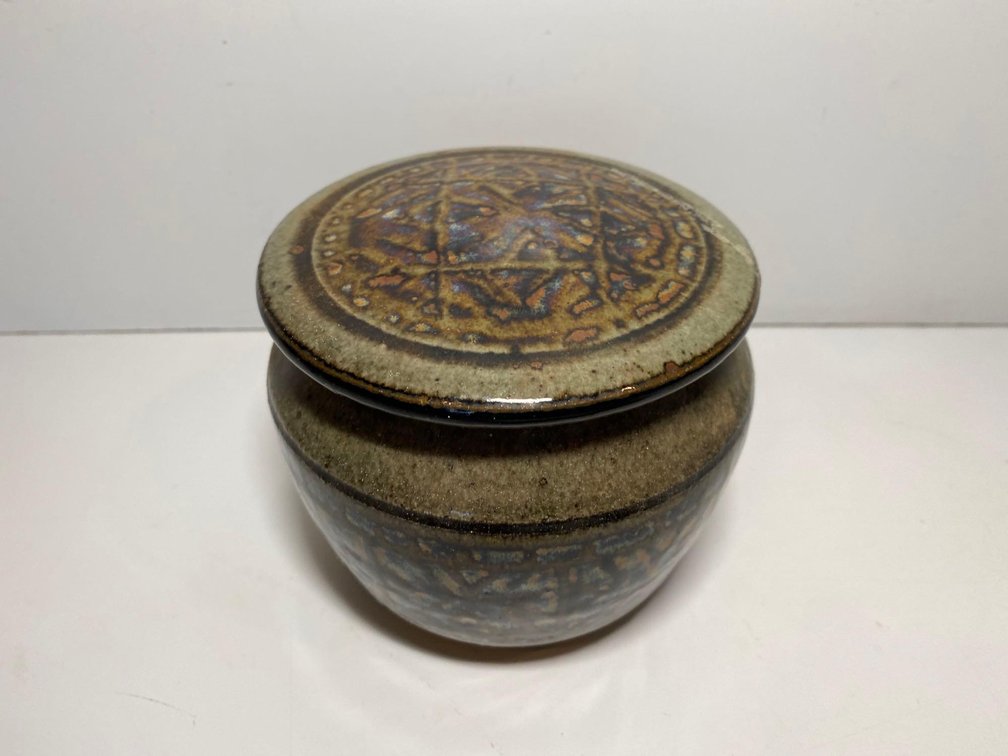 5" Round Hand Crafted Artist Initialed Lidded Ceramic Canister 