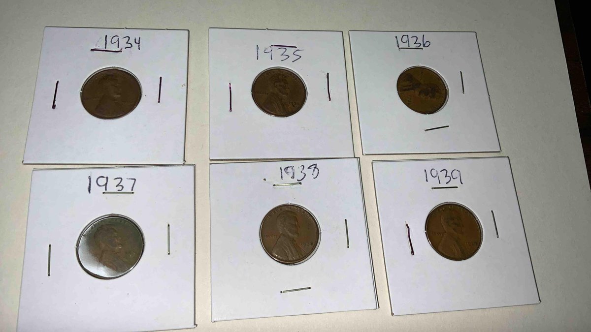 (X5)1934,35,36,37,39 Wheat Pennies 