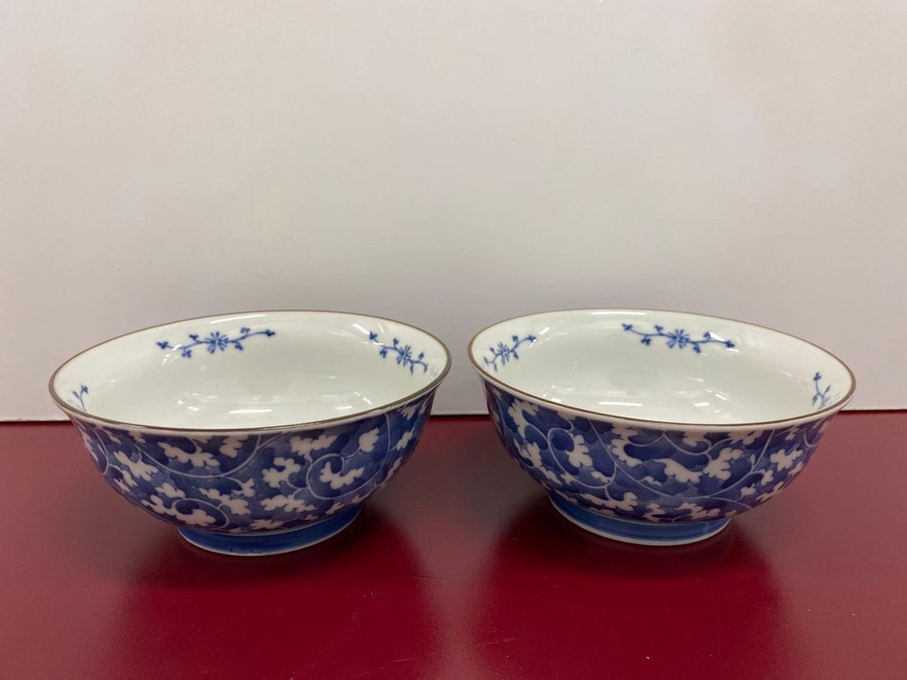 (X's 2) Blue and White Floral Asian 7" Round Bowls 
