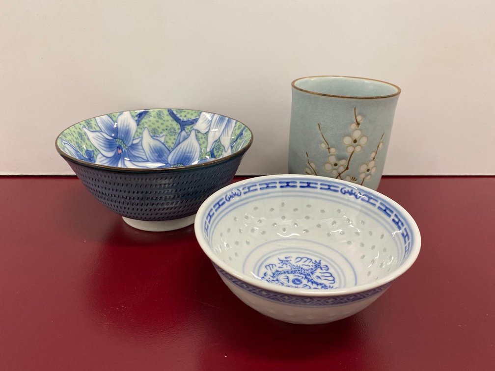 Mixed Asian Floral and Print Bowls and Vase