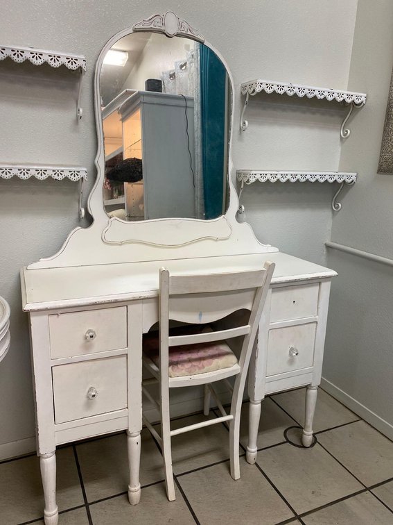 White Shabby Chic Vanity with Mirror and Chair