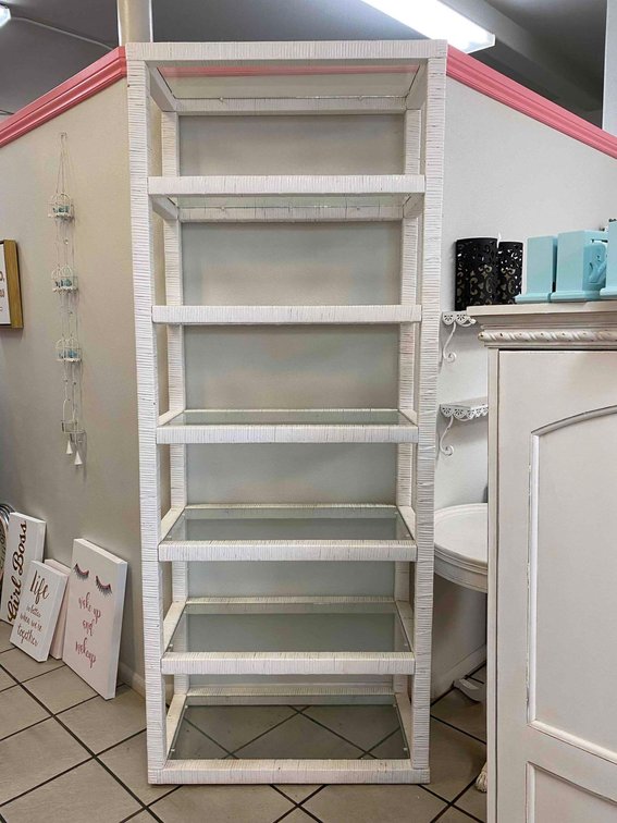 7ft Tall White Shelf with Glass Shelves 