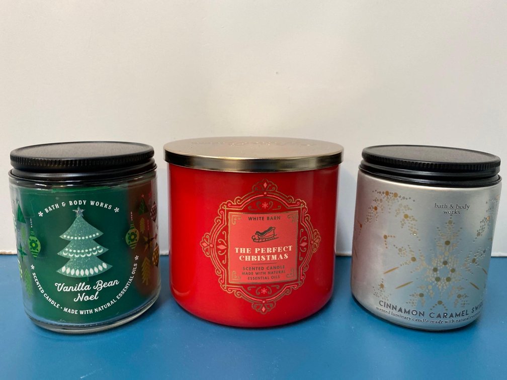 (X's 3) Bath & Body Works Vanilla Bean Noel, The Perfect Christmas and Cinnamon Carmel Swirl Candles