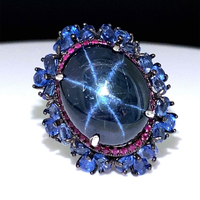 Natural Star Sapphire 23.1ct Center Stone Surrounded by Kyanite Ring Size 7
