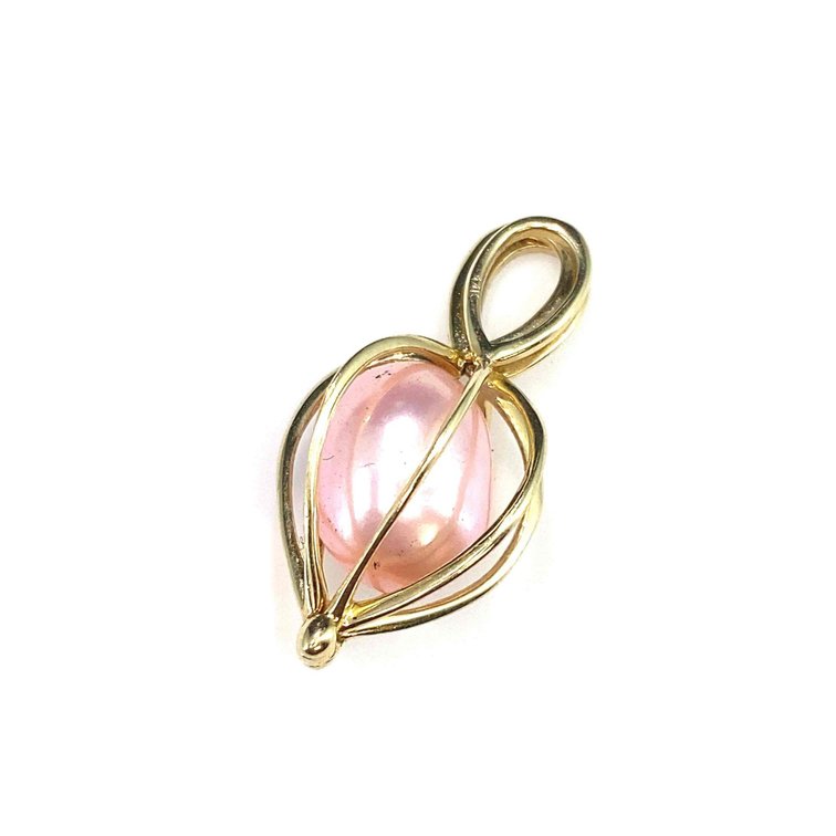 14K Gold Caged Pink Pearl Pendant 