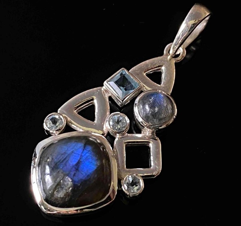 Triangle Design Laboradite Blue Topaz Pendant 
