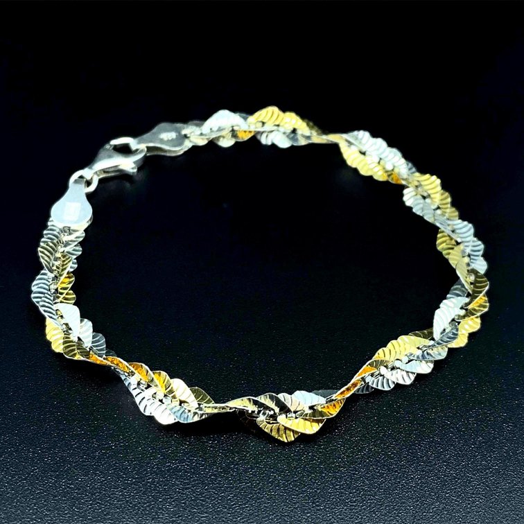 Sterling Silver 925 Gold and Silver Colored Twisted 7" Bracelet 