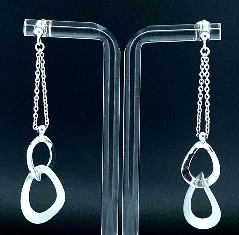 Silver and Frosted with Rhodium Bent Circle Dangle Earrings 