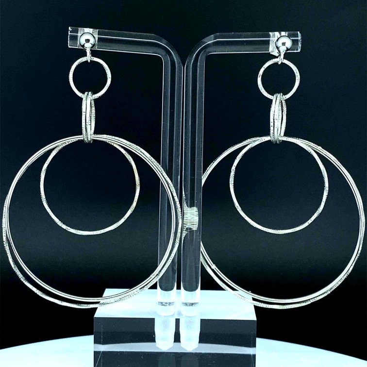 Silver Finish with Rhodium Triple Circle Dangle Earrings 