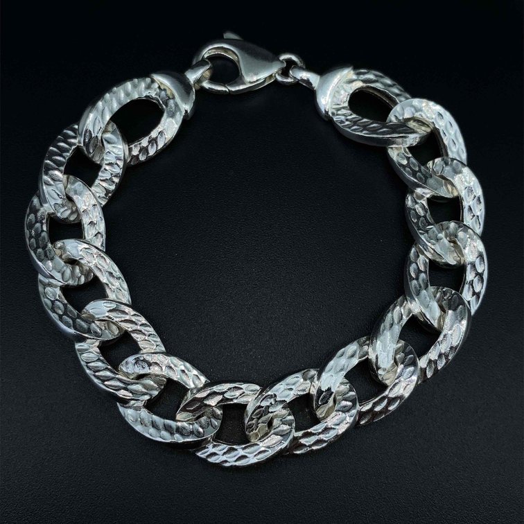 Sterling Silver 925 Pressed Design Link Chain 7" Bracelet 