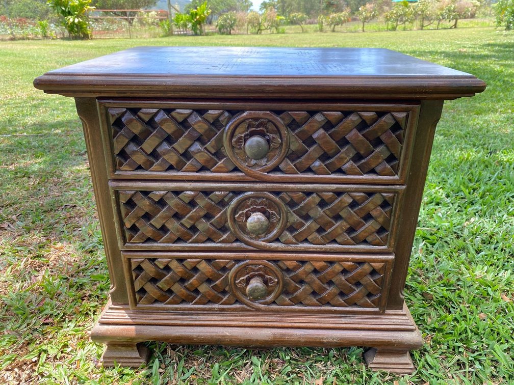 21" Tall Dark Wood Carved Wood with Floral Design Three Drawer Night Stand