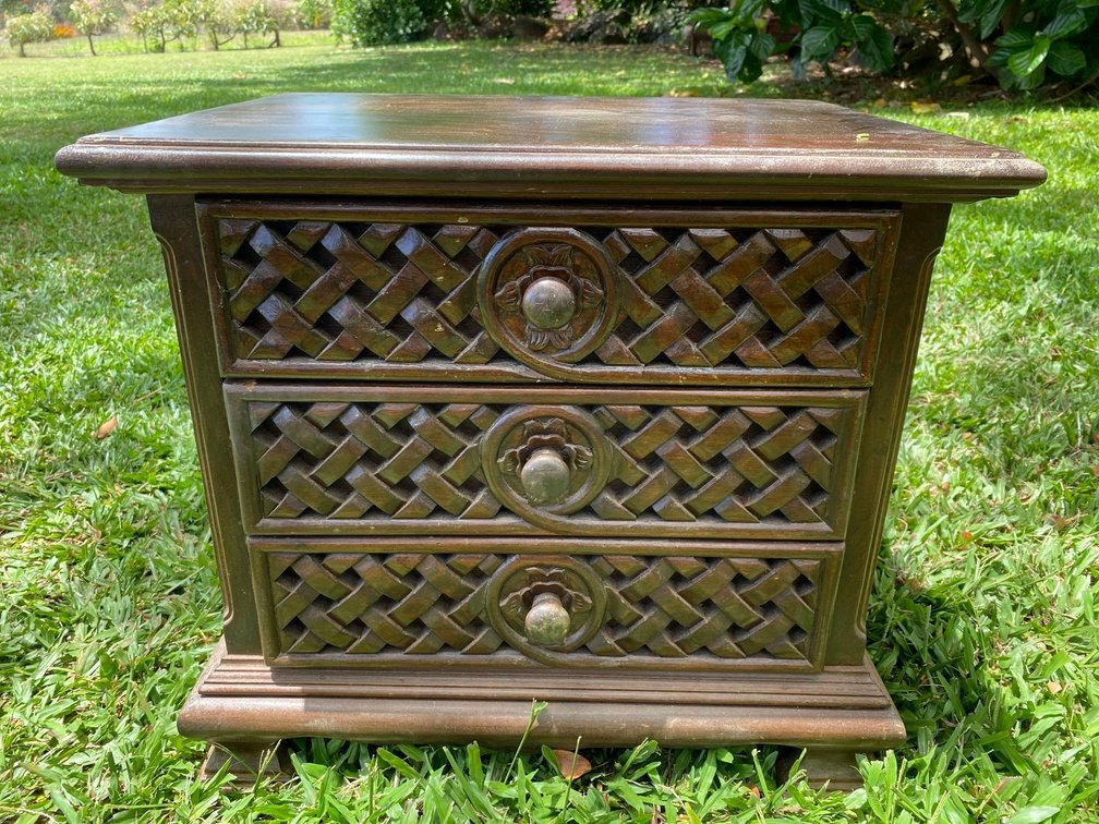21" Tall Dark Wood Carved Wood with Floral Design Three Drawer Night Stand