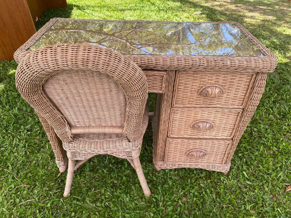 Woven Island Style Desk / Vanity with Glass Topper and Matching Chair 