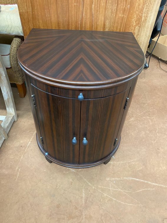 Rosewood Made in Thailand Half Round Side Table with Cabinet and Single Drawer 