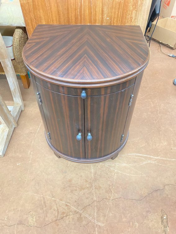 Rosewood Made in Thailand Half Round Side Table with Cabinet and Single Drawer 