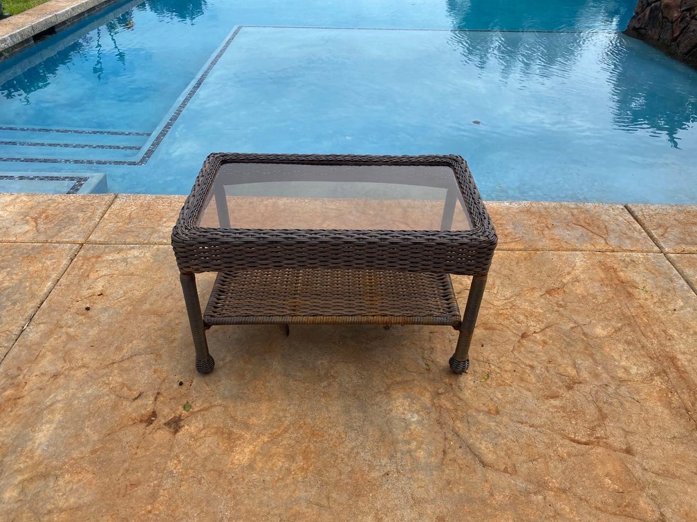 Dark Brown Outdoor Patio Coffee Table with Glass Top and Undershelf 