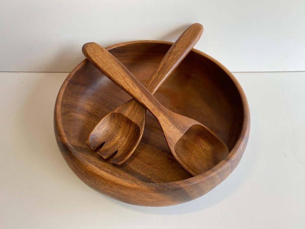 11" Round Wood Salad Bowl with Utensils 