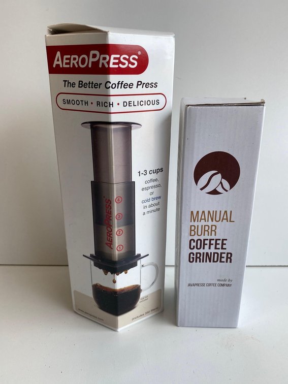 (X's 2) New in Box - AeroPress Coffee Press and Manual Burr Coffee Grinder 