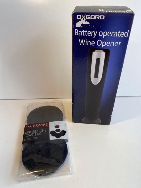 New in Package - Farberware 6pk Silicone Coasters and Battery Operated Wine Opener 