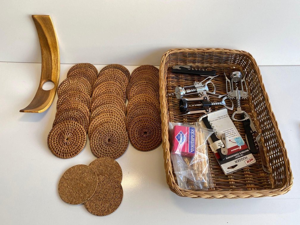 Wine Bottle Countertop Holder, Coasters, Wine Openers and Basket 