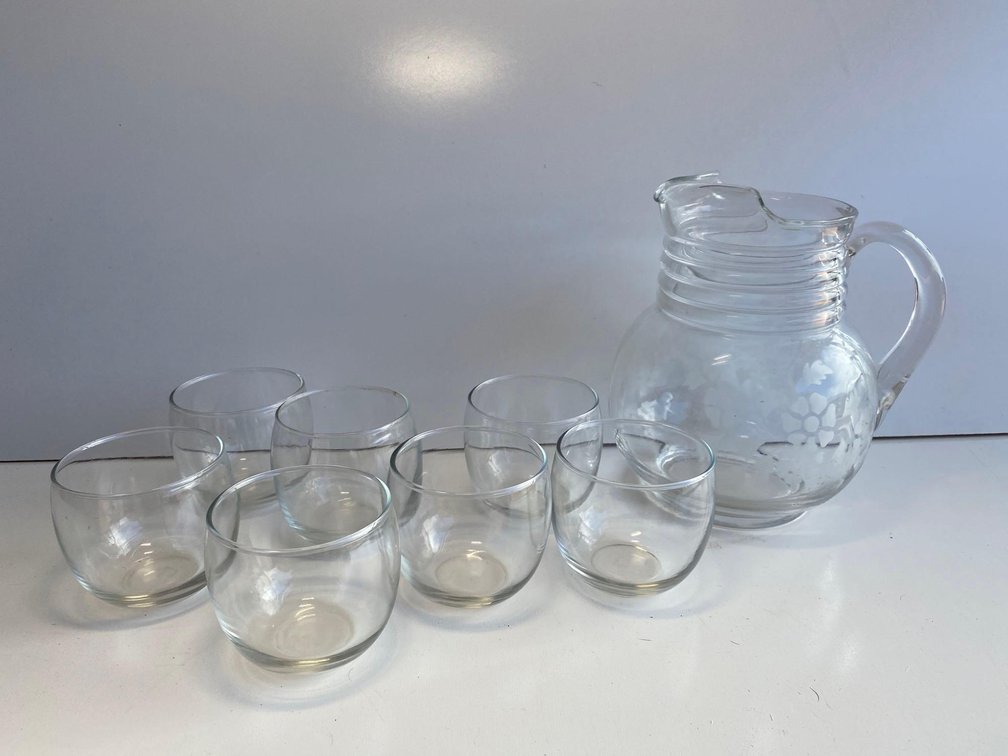 Flower Design Glass Pitcher with Cups 