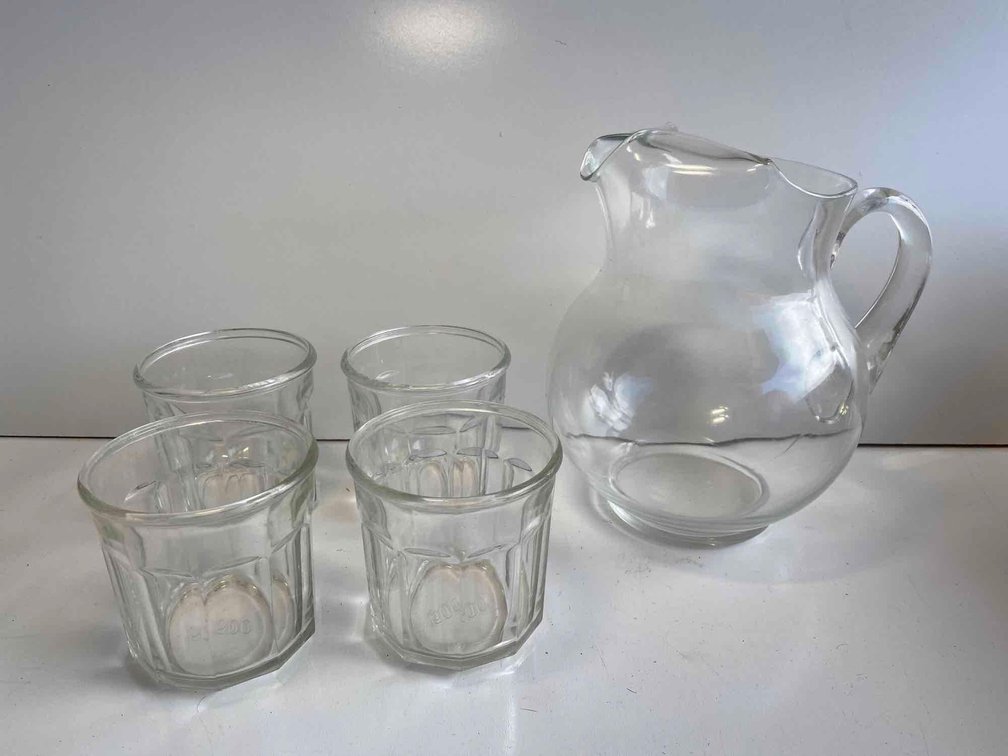 Glass Water Pitcher and Four Glasses 