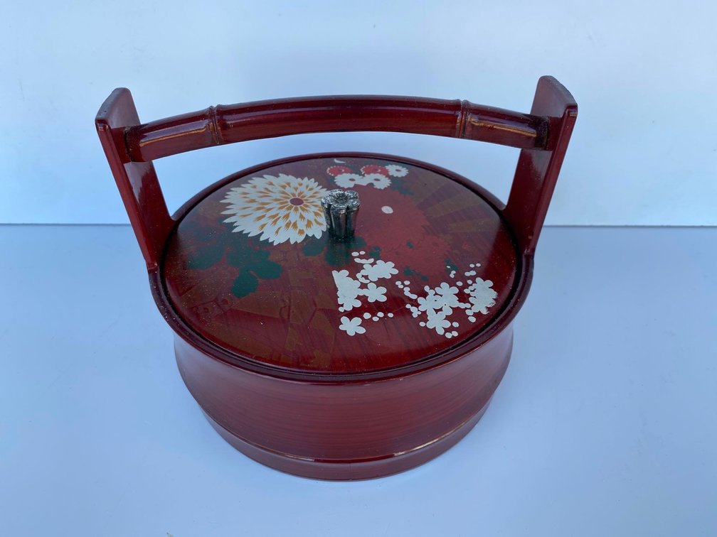 Japanese Painted Round Lidded Bowl with Handle 