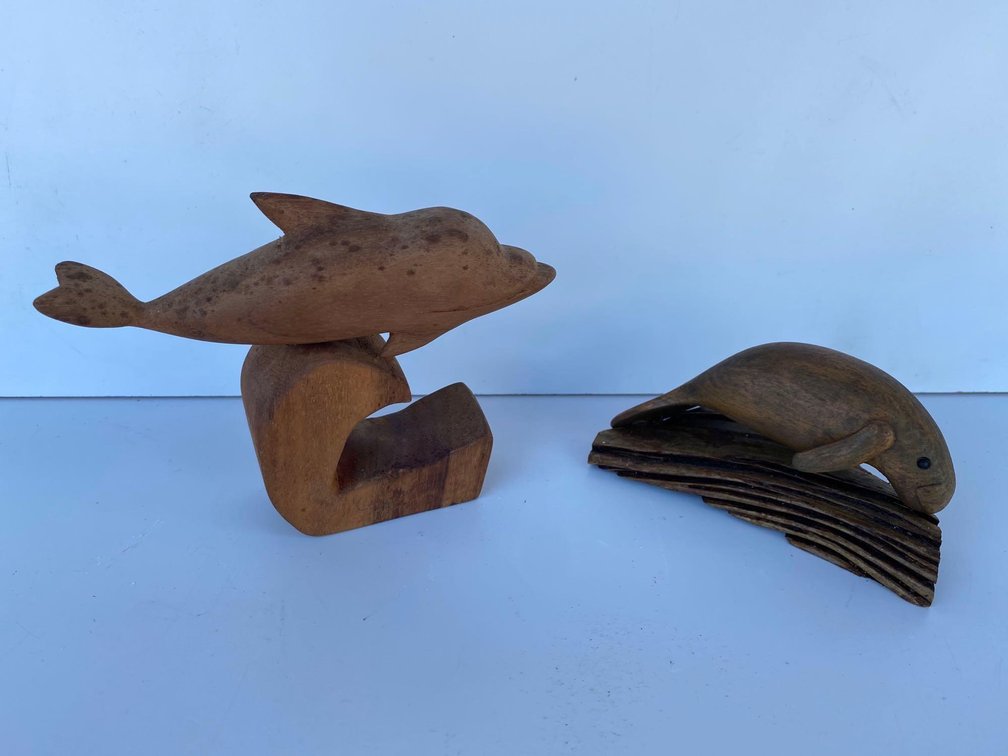 Wood Carved Dolphin and Seal Decor 