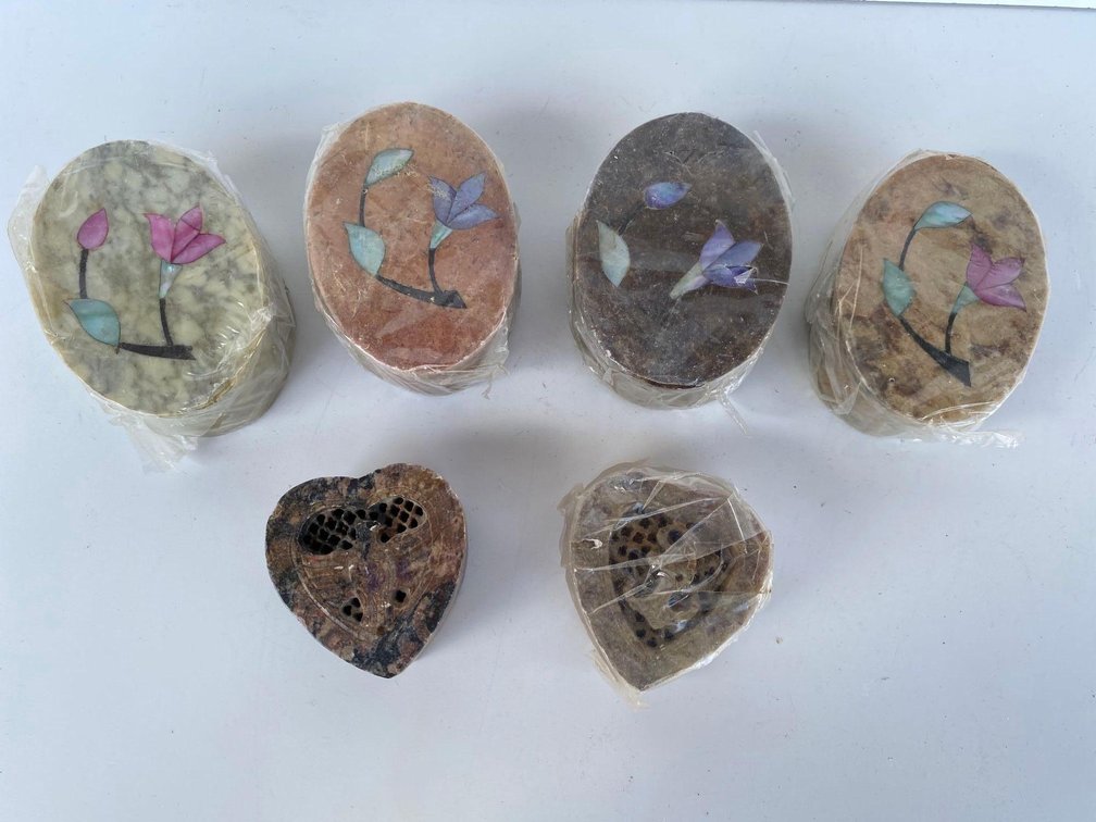 (X's 6) Inlaid Stone Lidded Trinket Boxes 