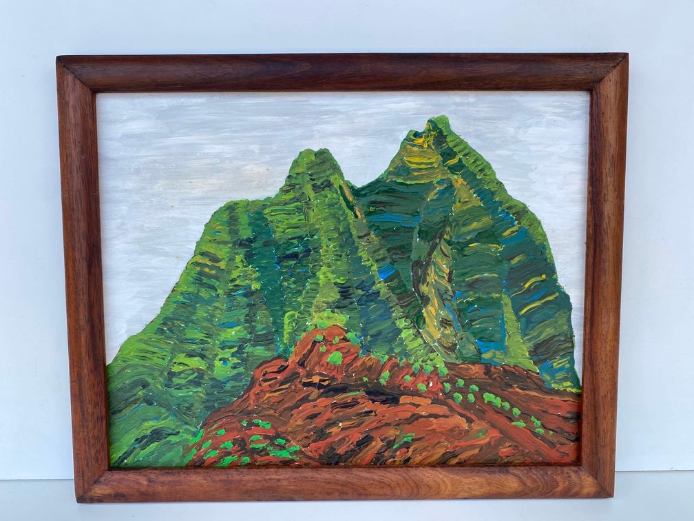 Hawaiian Mountainside Original Painting Unsigned in Koa Wood Frame 