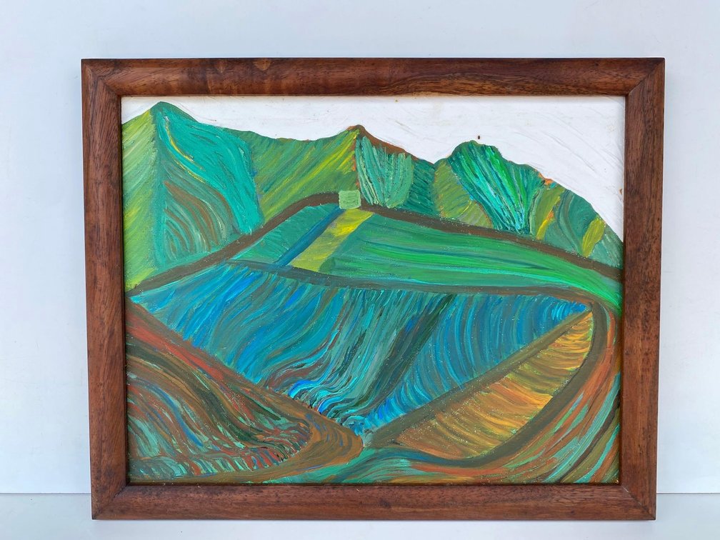 Hawaiian Mountainside Original Painting Unsigned in Koa Wood Frame 