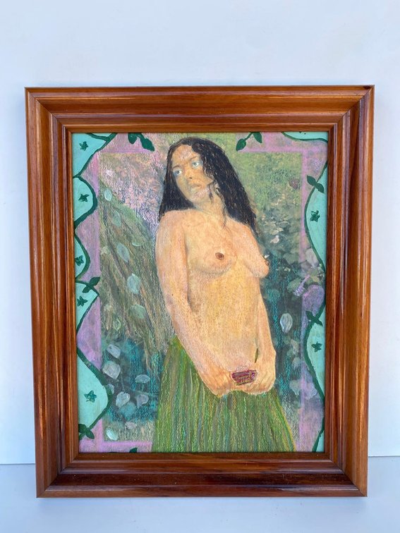 Topless Hula Dancer Portrait in Wood Frame 