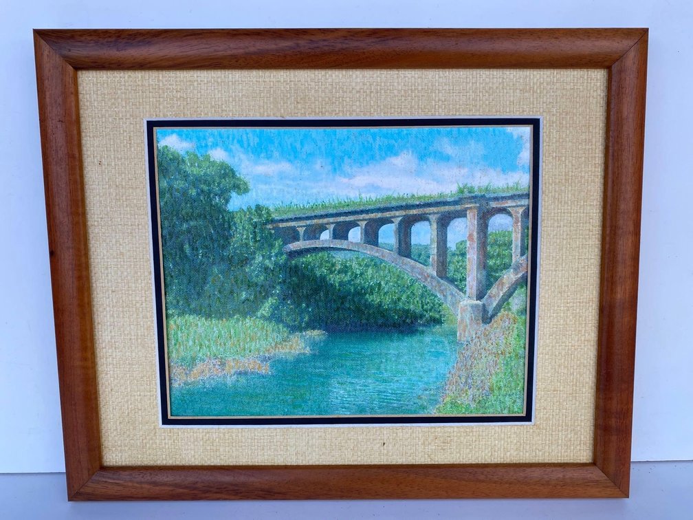 Koa Wood Veneer Frame with Unsigned Original Bridge Art