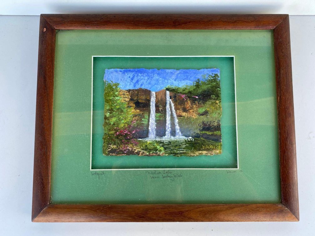 Koa Wood Frame with Signed Original 2002 Wailua Falls Art bt Dawn Lundquist 