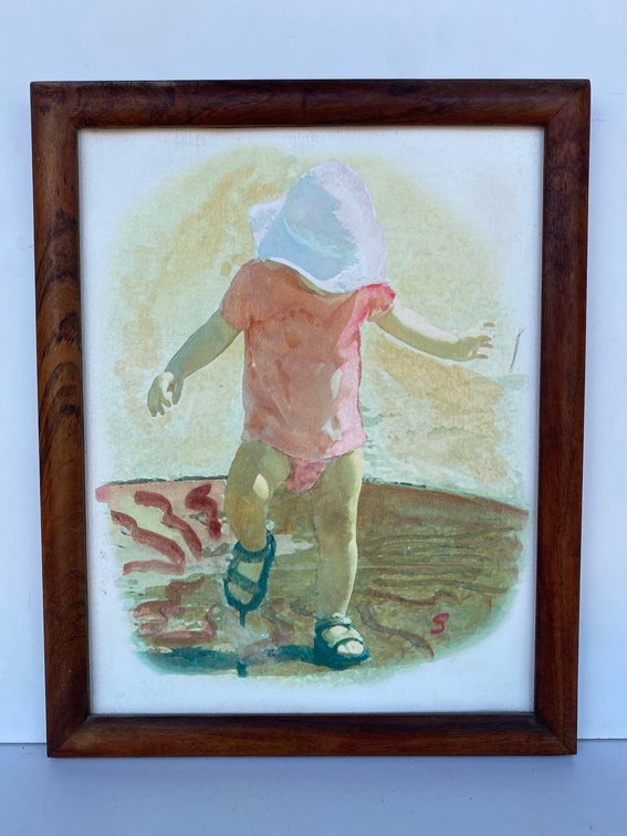 Koa Wood Frame with Toddler Walking on Beach Art 