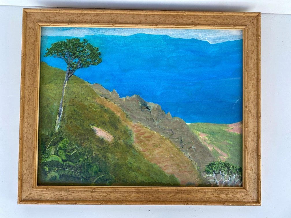 Wood Frame with Unsigned Hawaii Mountainside Art 