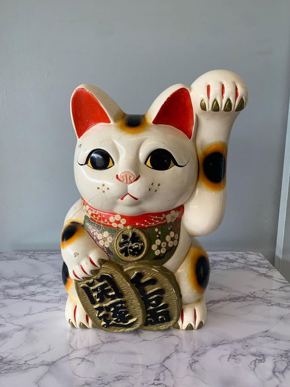 Large Ceramic Lucky Maneki Neko Vintage Waving Cat Bank 15"