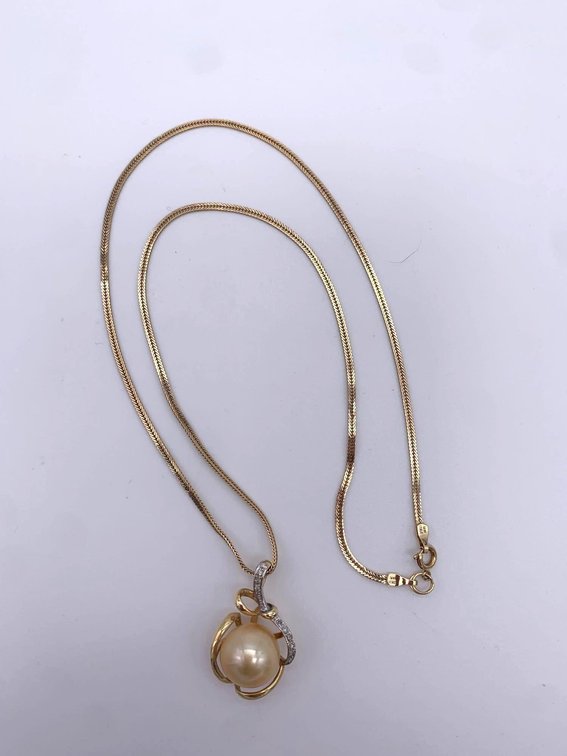14k Gold Diamond South Sea Golden Champagne Pearl Pendant w/ 14k Chain