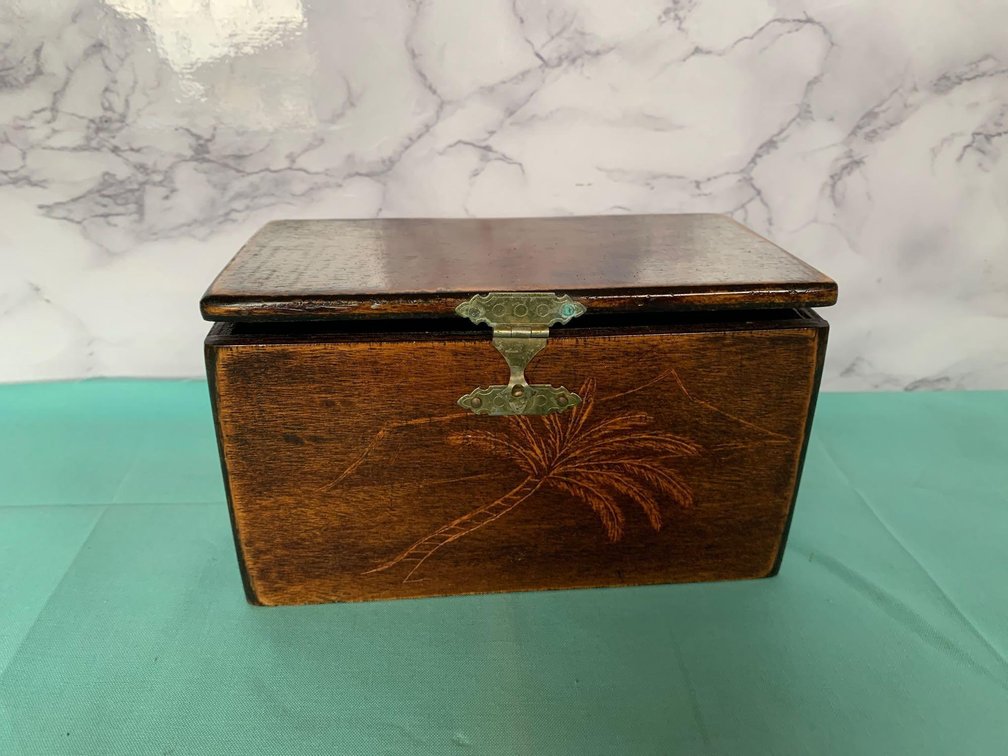 Vintage Hand Made Wooden Box w/ Tropical Carvings 