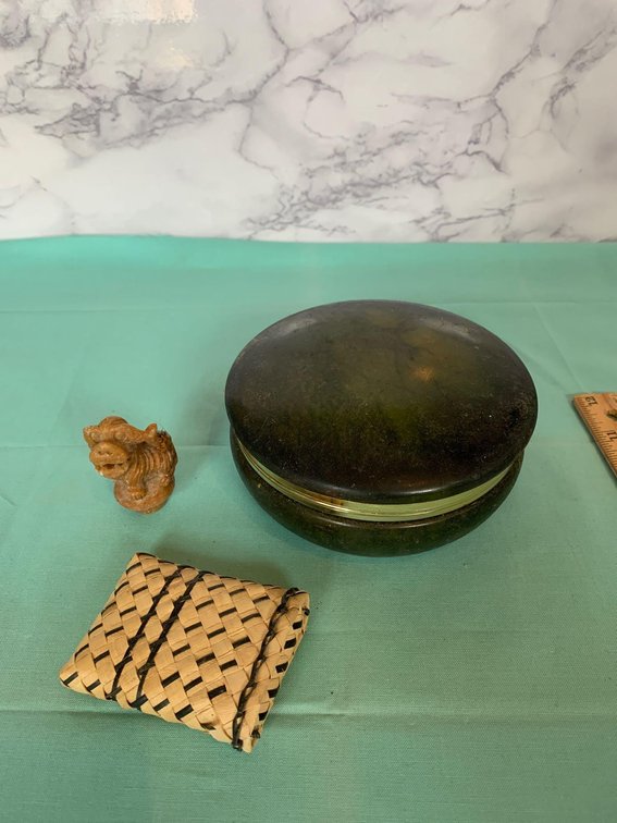 Stone Hinged Trinket Dish, Foo Dog & Woven Container