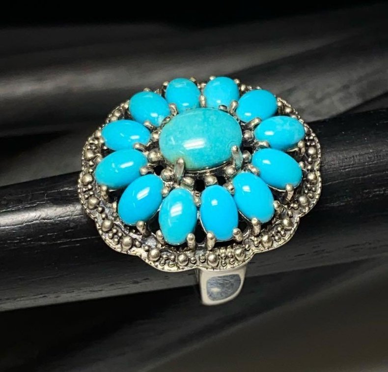 Sterling Silver 925 Sleeping Beauty Turquoise Cluster Ring Size 9