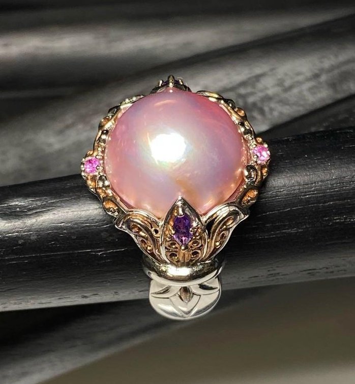 Unmarked Sterling Silver Vermeil Saltwater Cultured Mabe Pearl Multi-Gem Ring Size 9