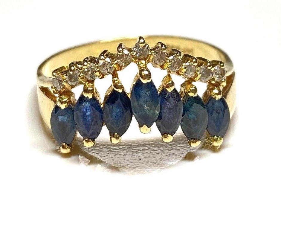 14K Gold Blue Sapphire and Diamond Tiara Ring Size 8