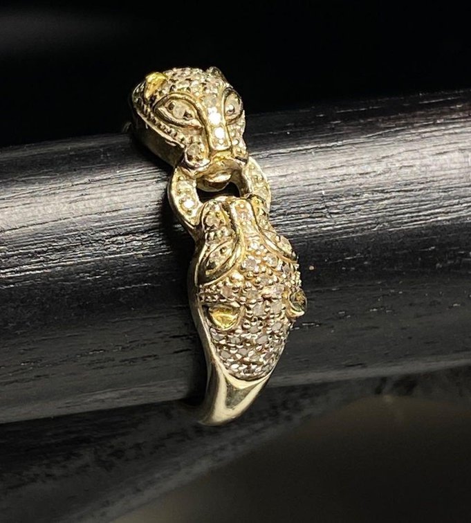 Sterling Silver 925 Fusion Two-Tone Double Panther Diamond Accent Ring Size 10