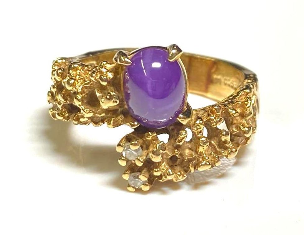 10K Gold Diamond and Purple Stone Ring Size 6 1/2