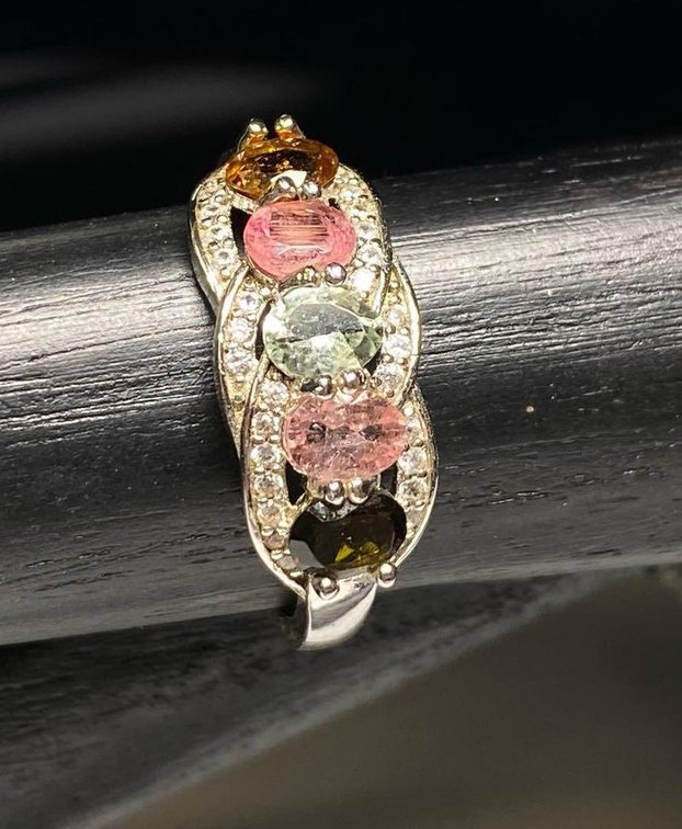 Sterling Silver 925 1.56ctw Multi Tourmaline .26ctw White Zircon 5 Stone Band/Ring Size 10