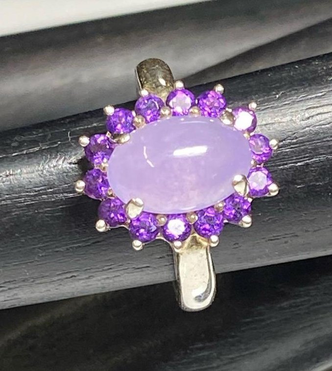 Sterling Silver Amethyst and Purple Jade Stone Ring Size 8
