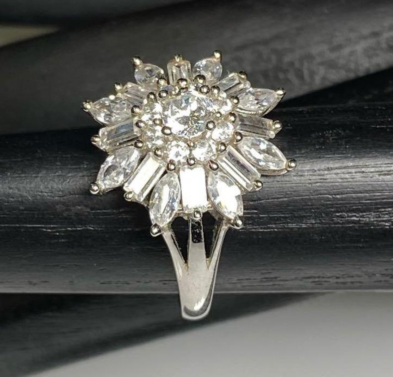 Sterling Silver 925 Tourmaline (Or Quartz) Flower Cluster Ring Size 9