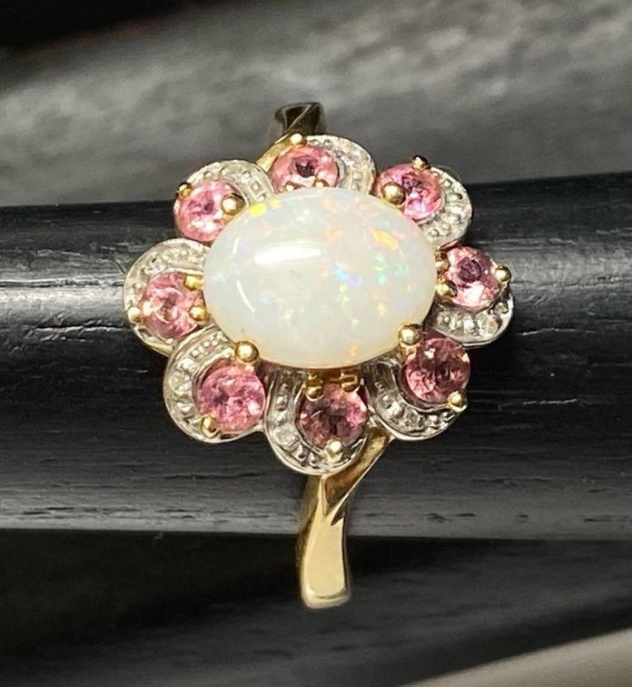 14K Gold 2.61CTW Ethiopian Opal and Pink Tourmaline Ring Size 8