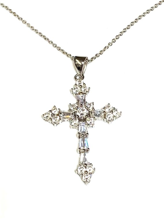 Starling Silver 925 Arrow Cross Pendant with Clear Stones on Chain 